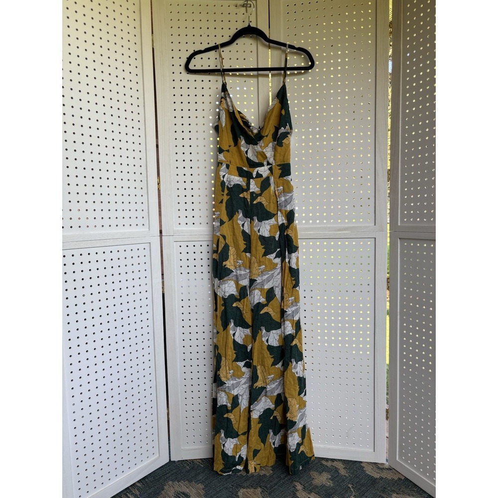 Lulu's Mustard Yellow Green and White Floral V-Neck Jumpsuit